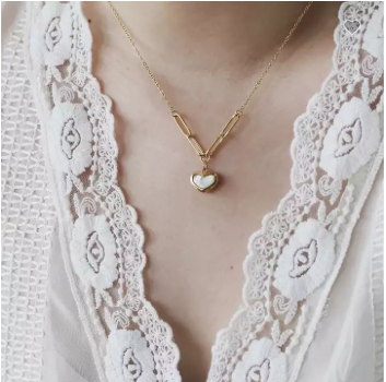 Sweet Gold Heart Mother Of Pearl Paperclip Necklace