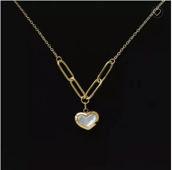 Sweet Gold Heart Mother Of Pearl Paperclip Necklace